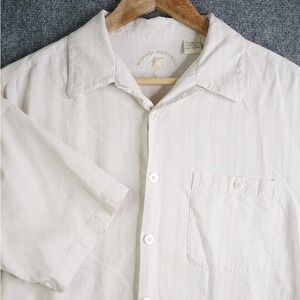 Island Republic Mens Silk Short Sleeve Button Down Shirt Cream Striped Medium